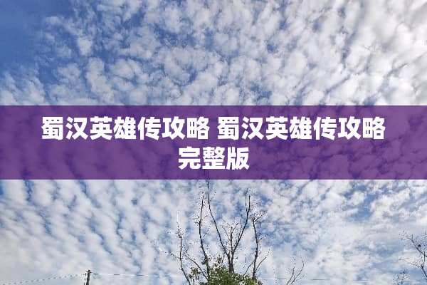 蜀汉英雄传攻略 蜀汉英雄传攻略完整版